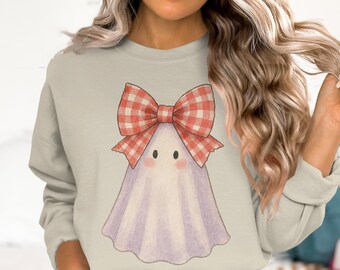Cute Ghost with Gingham Bow T-Shirt, Spooky Season Tee, Cottagecore Halloween Shirt, Kawaii Ghost Graphic Tee