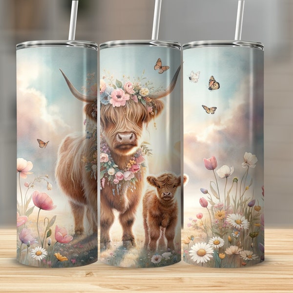 Highland Cow and Calf Tumbler, Floral Wreath, Butterflies, Pastel Sky, Nature Inspired Drinkware