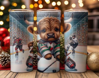 Custom Highland Cow Tumbler, Best Hockey Gifts, Hockey Gifts for Boy, Hockey Mom Gift, Hockey Birthday Gift, Hockey Player Gift