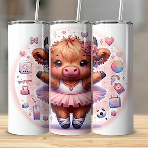 Cute Ballerina Highland Cow Tumbler, Pink Floral Cow, Kawaii Ballet Tumbler for Kids and Adults