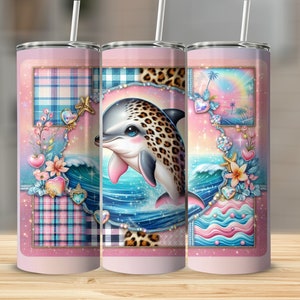 Whimsical Dolphin Tumbler, Cute Animal Drinkware, Colorful Beach Scene, Summer Vibes