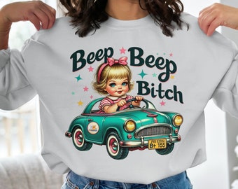 Retro Cute Kid in Toy Car Funny Quote T-Shirt, Vintage Style Beep Beep Bitch Shirt, Unique Graphic Tee, Perfect Gift for Car Lovers