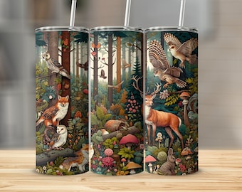Boho Celestial Forest Animals Tumbler, Enchanted Woodland Owl, Fox, Deer Cup