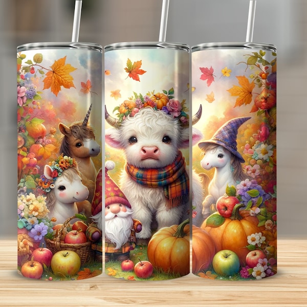 Autumn Highland Cow Tumbler, Cute Fall Season Pumpkin and Leaves Insulated Mug, Whimsical Coffee Cup for Animal Lovers