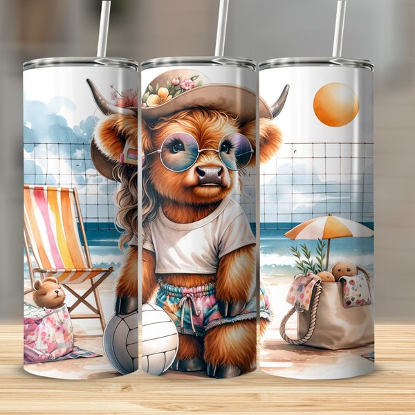 Highland Cow Tumbler, Beach Themed Insulated Cup, Cute Summer Beachwear Highland Calf Design