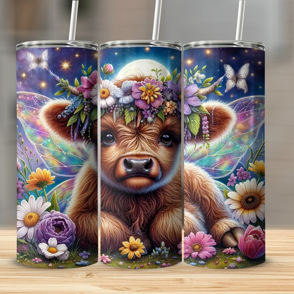 Highland Cow Tumbler, Floral Crown, Moon and Stars Night Sky, Unique Animal Themed Drinkware, Gift Idea