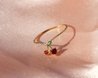 14k Vergoldete Kirsche Edelstein Ring | Zierlicher Obst Schmuck | 14k vergoldetes Obst Design | Zierlicher Obst Schmuck | Kirschenförmiger Edelsteinring