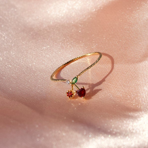 14k Gold Plated Cherry Gemstone Ring | Dainty Fruit Jewelry | 14k Gold Plated Fruit Design | Dainty Fruit Jewelry | Cherry Shaped Gem Ring