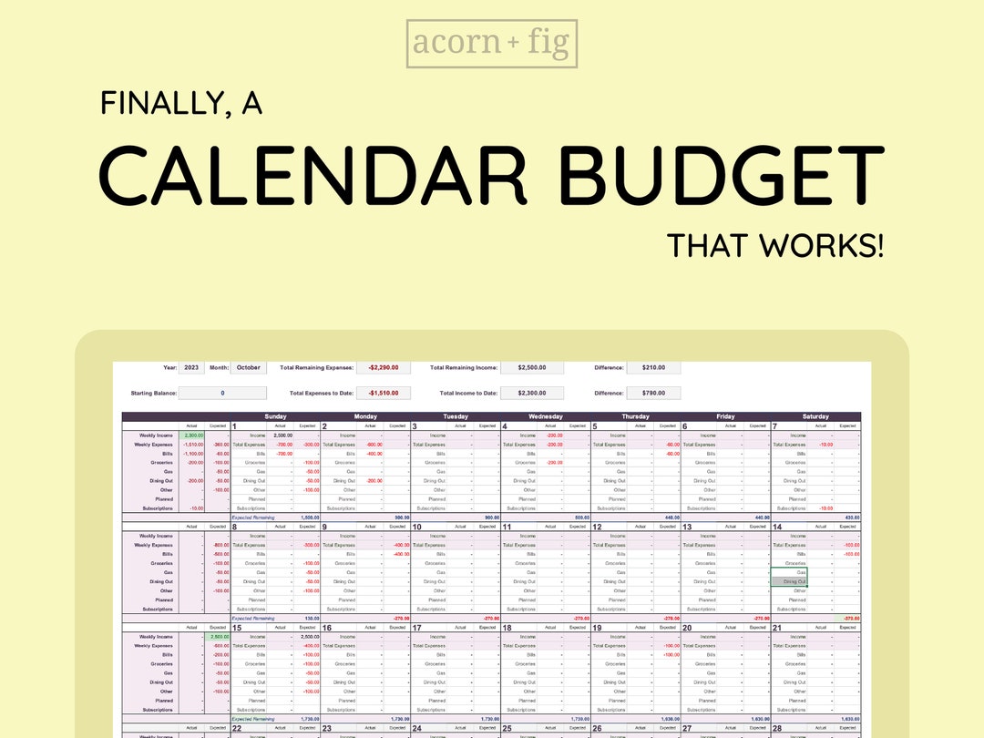 Calendar Budget Planner for Excel Monthly Budget Paycheck Etsy