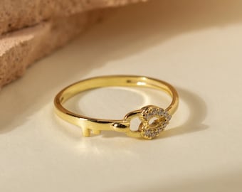 14K Solid Gold Stackable Locked Heart Pave Ring with Cubic Zircon, Dainty Promise Stacking Band Ring for Endless Love Lock for Anniversary