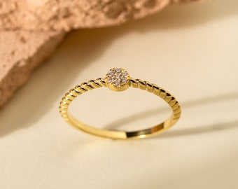 Minimalist 14K Solid Gold Stackable statement Ring with Cubic Zircon, Dainty Stacking Dome Pave Stone Wedding Ring, Delicate Anniversary