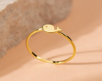 Dainty Tiny Fish Symbol 14K Solid Gold Ring, Minimalist Style Koi Fish Design Skinny Band for Luck, Anniversary Gift for Her, Christmas Gift