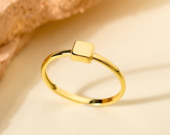 Minimalist 14K Solid Gold Square Symbol Stackable Ring, Dainty Square Tiny Band for Her, Geometric Stacking Ring Gift for Christmas