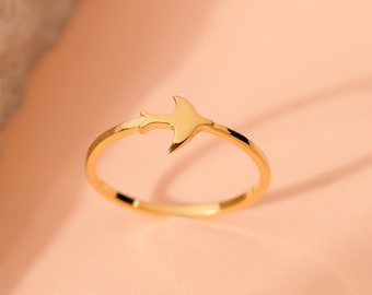 Delicate Bird Skinny 14K Solid Gold Ring, Dainty Small Dove Slim Band, Minimalist Sparrow Jewelery Gift, Christmas Gift for Her