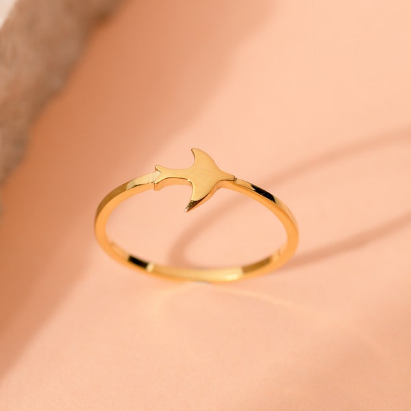 Delicate Bird Skinny 14K Solid Gold Ring, Dainty Small Dove Slim Band, Minimalist Sparrow Jewelery Gift, Christmas Gift for Her