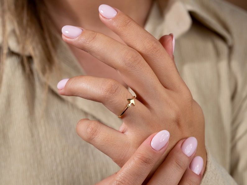 Delicate Bird Skinny 14K Solid Gold Ring, Dainty Small Dove Slim Band, Minimalist Sparrow Jewelery Gift, Christmas Gift for Her image 5