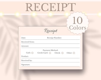 May include: A printable receipt template with fields for date, amount, and payment method. The word "RECEIPT" is at the top, with "10 Colors" in a white starburst. The background is a soft peach color.