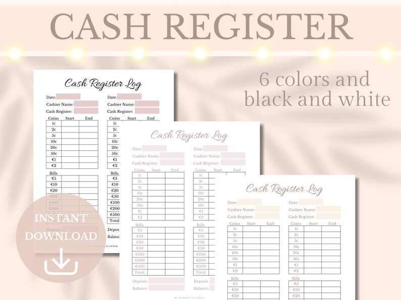 EUR Cash Register Log Printable Drawer Till Balance Money Count ...