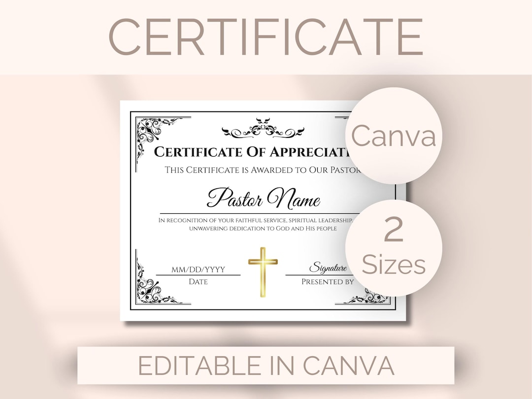 EDITABLE Church Certificate of Appreciation Template Pastor ...