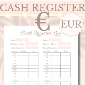 EUR Registro de caja registradora Cajón imprimible hasta el saldo Calculadora de conteo de dinero Euro Planificador de tiendas para pequeñas empresas, A4, A5, Carta Descarga digital