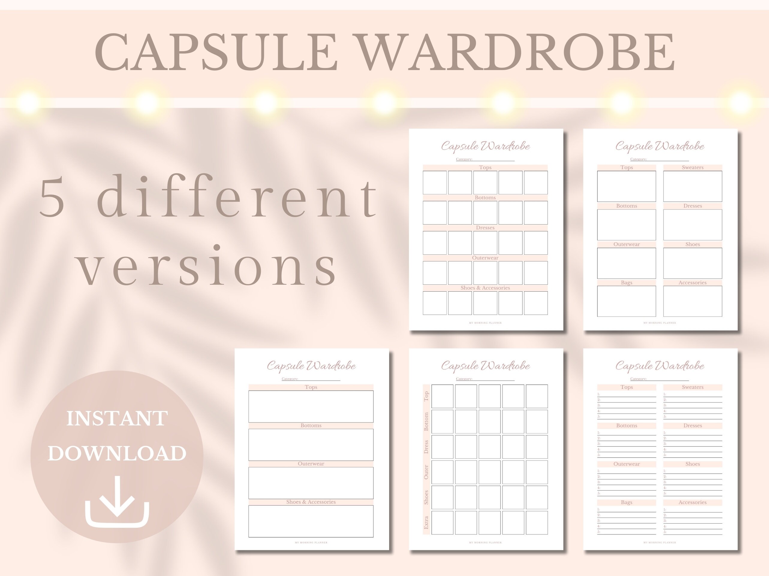 Capsule Wardrobe Printable Outfit Planner Clothes Organizer Minimalist Lifestyle Girly Pink ...