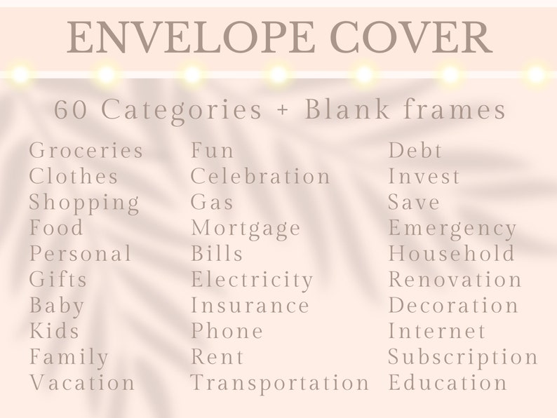 May include: A pink and white background with the text "ENVELOPE COVER" in brown text at the top. Below the text is a list of 60 categories for budgeting, including "Groceries", "Fun", "Debt", "Clothes", "Celebration", "Invest", "Shopping", "Gas", "Save", "Food", "Mortgage", "Emergency", "Personal", "Bills", "Household", "Gifts", "Electricity", "Renovation", "Baby", "Insurance", "Decoration", "Kids", "Phone", "Internet", "Family", "Rent", "Subscription", "Vacation", "Transportation", and "Education".