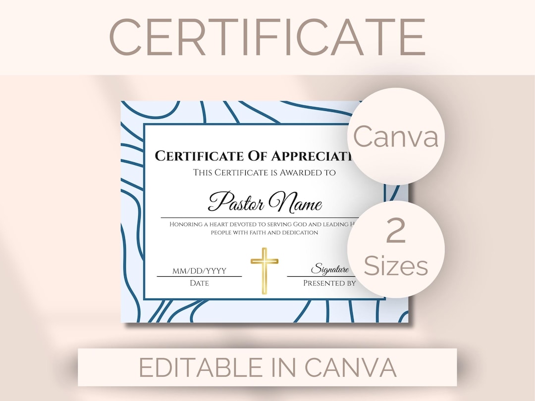 EDITABLE Church Certificate of Appreciation Template Pastor Certificate ...