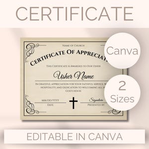 Puede incluir: Una plantilla de certificado de agradecimiento en color beige con texto en negro, adornos decorativos en las esquinas y un icono de cruz central. El documento incluye campos para el nombre de la iglesia, nombre del ujier, fecha y firma.