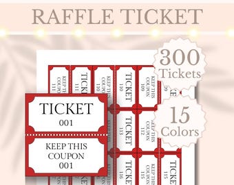 Puede incluir: Boletos de rifa con borde rojo y fondo blanco. Los boletos están etiquetados como "TICKET" y "KEEP THIS COUPON" con numeración secuencial. La imagen también indica 300 boletos y 15 colores.