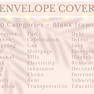 Puede incluir: Gr&aacute;fico beige con el texto "ENVELOPE COVER" y una lista de 60 categor&iacute;as, incluyendo "Comestibles", "Ropa", "Compras", "Comida", "Personal", "Regalos", "Beb&eacute;", "Ni&ntilde;os", "Familia" y "Vacaciones". La imagen tambi&eacute;n enumera "Diversi&oacute;n", "Celebraci&oacute;n", "Gas", "Hipoteca", "Facturas", "Electricidad", "Seguro", "Tel&eacute;fono", "Alquiler" y "Transporte".