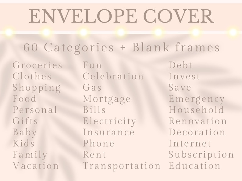 Puede incluir: Gr&aacute;fico beige con el texto "ENVELOPE COVER" y una lista de 60 categor&iacute;as, incluyendo "Comestibles", "Ropa", "Compras", "Comida", "Personal", "Regalos", "Beb&eacute;", "Ni&ntilde;os", "Familia" y "Vacaciones". La imagen tambi&eacute;n enumera "Diversi&oacute;n", "Celebraci&oacute;n", "Gas", "Hipoteca", "Facturas", "Electricidad", "Seguro", "Tel&eacute;fono", "Alquiler" y "Transporte".
