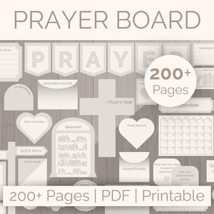 Może przedstawiać: Cyfrowa tablica modlitewna z różnymi kształtami i etykietami tekstowymi, w tym "Prayer Board", "200+ Pages" i "Printable". Projekt zawiera krzyż, serce i kształty banerów, wszystko w neutralnej palecie kolorów.