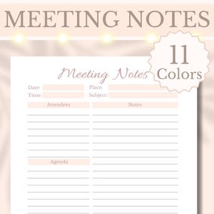 Op de afbeelding: Een printbare sjabloon voor vergadernotities met secties voor datum, tijd, plaats, onderwerp, deelnemers, notities en agenda. De sjabloon is ontworpen met een lichtroze achtergrond en witte tekst.