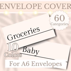 May include: Envelope cover design with text reading "ENVELOPE COVER". The image features two rectangular cards with the words "Groceries" and "Baby". Additional text includes "60 Categories", "10 Colors", and "For A6 Envelopes". The background is a soft, neutral color.