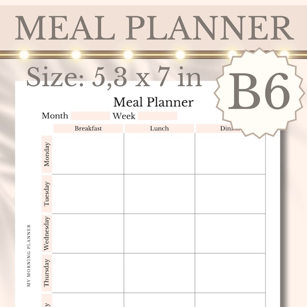 Meal Planner B6 Printable Ring Binder Insert, Minimalist Weekly Diet Food Log, B6 2 Page Spread, Size 5,3"x7", Instant Digital Download,