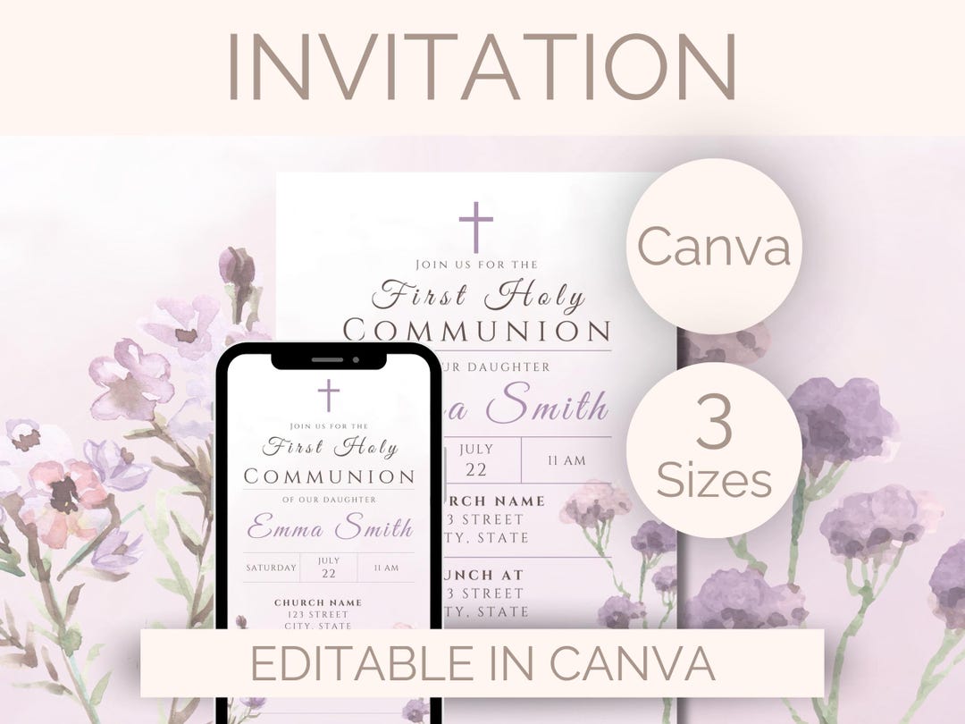 Editable First Holy Communion Invitation Template Girl First Communion ...