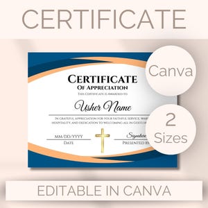 Puede incluir: Una plantilla rectangular de certificado de agradecimiento con un centro blanco y bordes curvos en azul oscuro y melocotón. El texto dice Certificate of Appreciation, Usher Name, e incluye un icono de cruz dorada, fecha y líneas de firma.