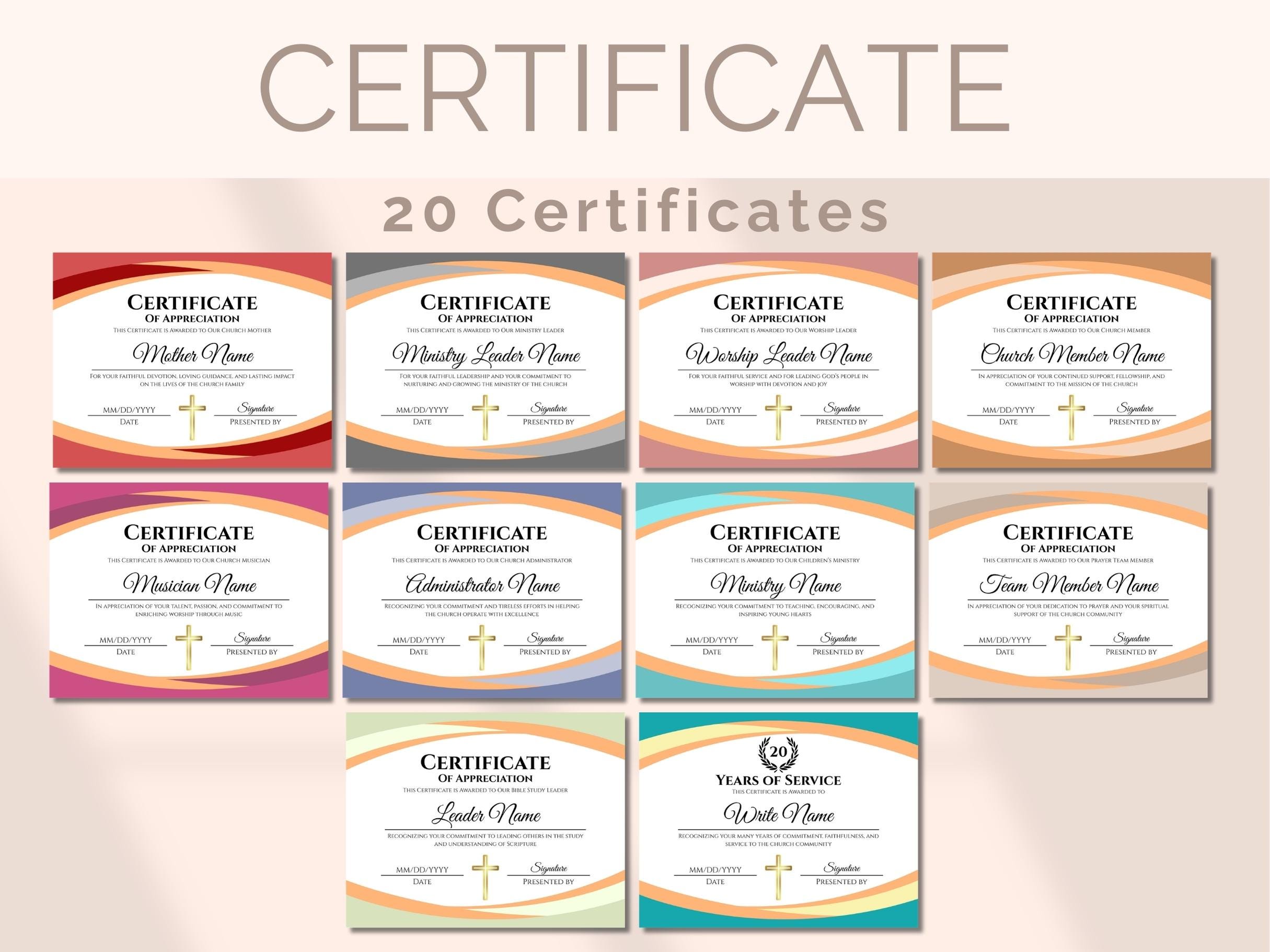 20 EDITABLE Church Certificate of Appreciation Template Bundle Church ...