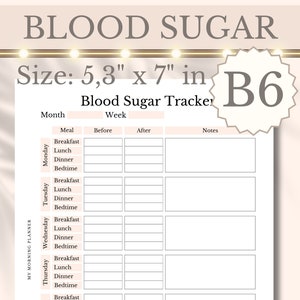 Puede incluir: Un rastreador de azúcar en sangre imprimible con fondo blanco y líneas grises. El rastreador está diseñado para rastrear los niveles de azúcar en sangre antes y después de las comidas, así como notas. El rastreador está etiquetado con los días de la semana, de lunes a jueves, e incluye espacio para las lecturas de azúcar en sangre en el desayuno, el almuerzo, la cena y la hora de acostarse. El rastreador mide 14,7 cm por 17,8 cm.