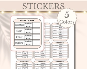 May include: Five printable stickers with a table to track blood sugar levels before and after meals and bedtime. The stickers are in different colours.