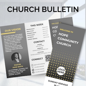 Könnte beinhalten: Eine dreifach gefaltete Kirchenbulletin-Vorlage in Dunkelgrau und Weiß mit gelben Akzenten. Der Text enthält Abschnitte für Unsere Vision, Diese Woche, Kontakt und Verbinden sowie einen Platzhalter für ein Pastorenfoto und einen QR-Code.