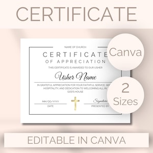 Puede incluir: Una plantilla de certificado de agradecimiento blanca con texto negro y un icono de cruz dorada. El documento incluye campos para el nombre de la iglesia, nombre del ujier, fecha y firma. Dos círculos muestran el texto Canv y 2 Sizes.