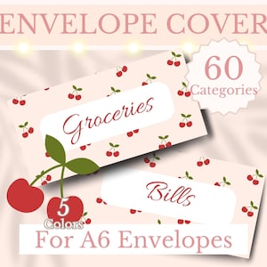 May include: Printable envelope covers with a cherry pattern. The covers feature the text "Groceries" and "Bills" and are designed for A6 envelopes. The text "60 Categories" and "5 Colors" is also included.
