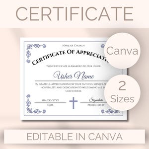 Plantilla editable de certificado de reconocimiento para ujieres de iglesia. Premio de reconocimiento para ujieres. Certificado de reconocimiento para ujieres del personal religioso (imprimible).