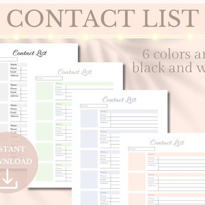 Contact List Printable Address Book Insert, Contact Directory Phone ...