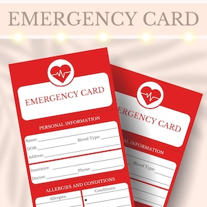 Emergency Card Printable Wallet ID Medical Card Emergency Contact Info Allergies Alert Card Wallet Size Emergency Card for Kids or Elderly