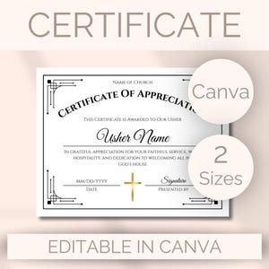 Puede incluir: Un certificado de agradecimiento blanco para un ujier de iglesia con texto negro, bordes geométricos en las esquinas y un icono de cruz dorada. El documento incluye campos para el nombre de la iglesia, el nombre del ujier, la fecha y la firma.