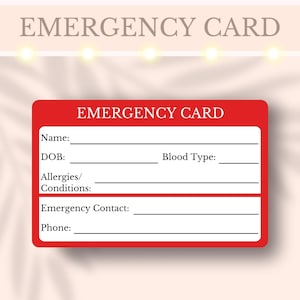 Emergency Card Printable Case of Emergency Contact Information Medical Health Condition Card Wallet ID Size Safety Card Emergency Contacts