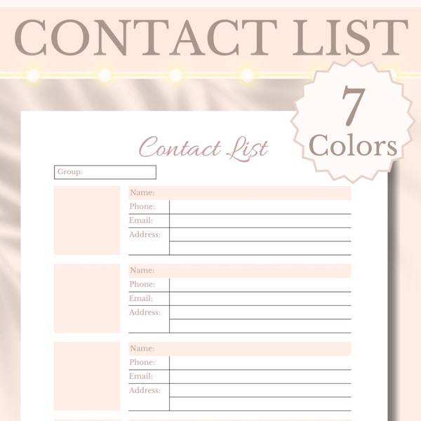 Contact List Printable Address Book Insert, Contact Directory Phone Number Organizer Pink Planner, A4/A5/Letter, Instant Digital Download