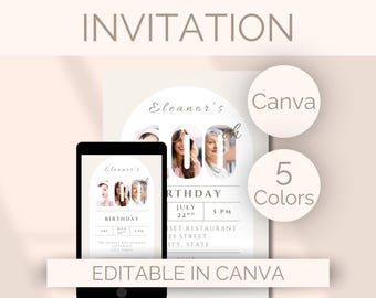 May include: Digital invitation design for a 100th birthday. The design shows a tablet and a printed invitation with the text "Eleanor's Birthday". The design is editable in Canva and available in 5 colours.